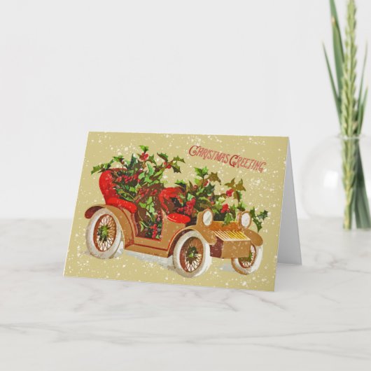 Schattigee Kerst Vintage Car Holly Snow Gold Kaart (Voorkant)