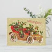 Schattigee Kerst Vintage Car Holly Snow Gold Kaart (Staand voorkant)