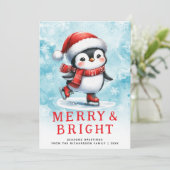 Schattigee Kerst Vrolijk & Helder Schaatspinguïn Feestdagenkaart (Staand voorkant)