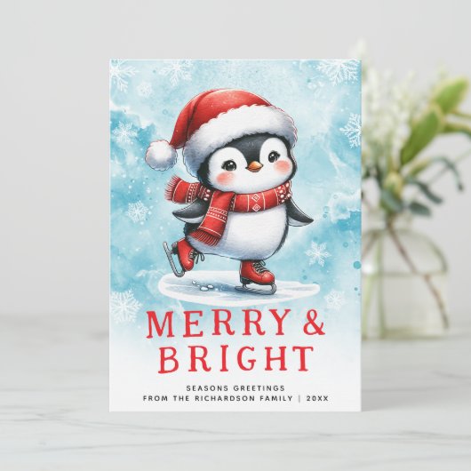 Schattigee Kerst Vrolijk & Helder Schaatspinguïn Feestdagenkaart (Staand voorkant)