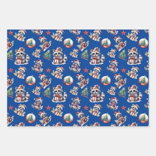 Schattigee kerst wasberen met geschenken sneeuwbol inpakpapier vel (Voorkant)