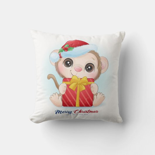 Schattigee kerst Waterverf Monkey Nursery Kussen (Voorkant)
