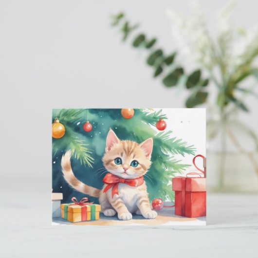Schattigee Kerst Waterverf Sinaasappel Tabby Kitte Feestdagenkaart (Staand voorkant)