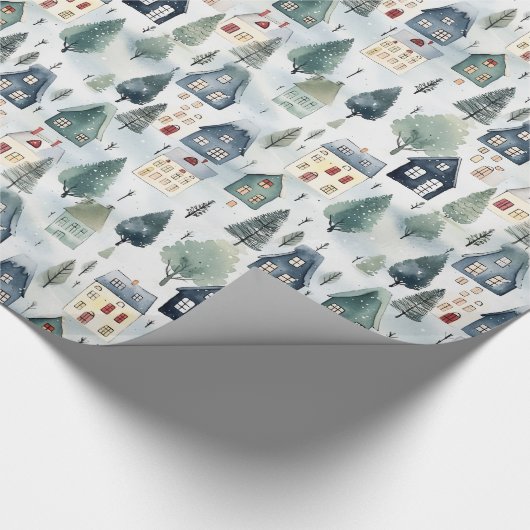 Schattigee Kerst Winter Waterverf Huizen Patroon Cadeaupapier (Hoek)