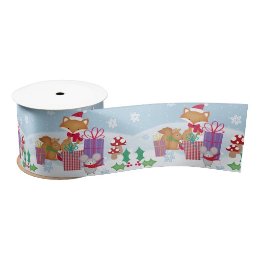 Schattigee Kerst Winter Woodland Animals Art Satijnen Lint (Spoel)