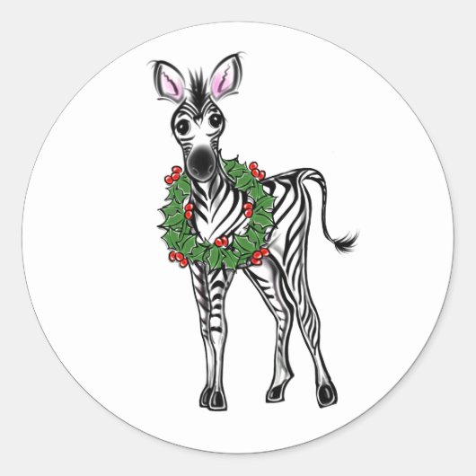 Schattigee Kerst Zebra illustratie Holly krans Ronde Sticker (Voorkant)