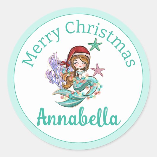 Schattigee Kerst Zeemeermin in Santa Hat op Blauwg Ronde Sticker (Voorkant)