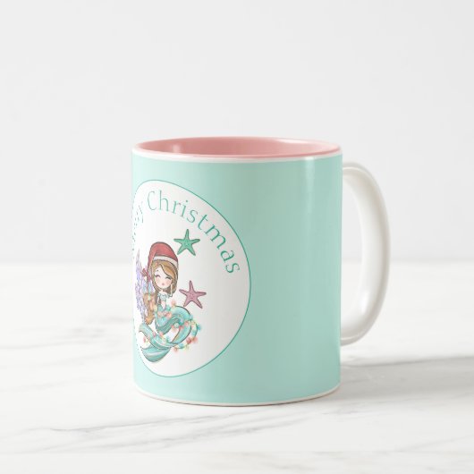 Schattigee Kerst Zeemeermin in Santa Hat Roze & Bl Tweekleurige Koffiemok (Voorkant rechts)