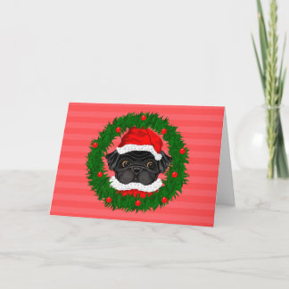 Schattigee Kerst Zwarte Pug Santa in Krans Rood Feestdagen Kaart