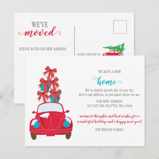 Schattigee kerstauto We hebben vakantie verhuisd Briefkaart (Voorkant / Achterkant)
