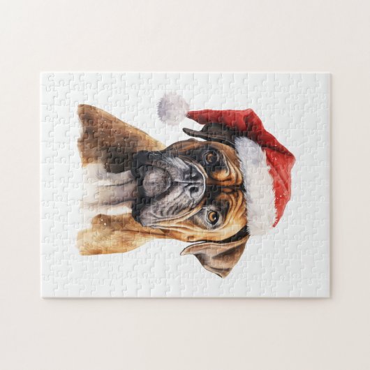 Schattigee Kerstbokser Hond Met Kerstmuts Legpuzzel (Horizontaal)