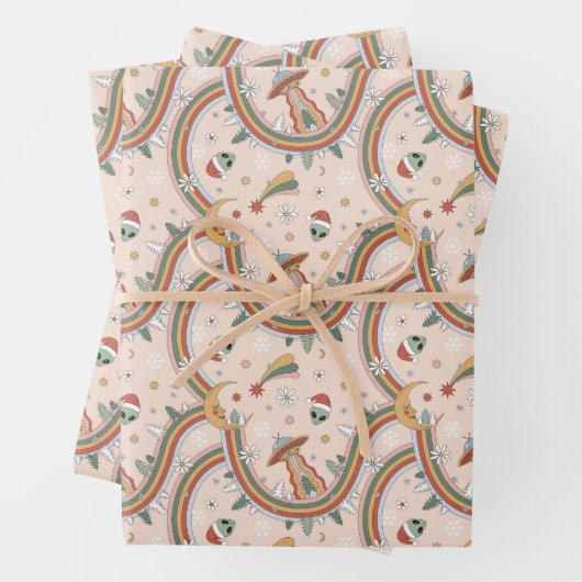 Schattigee kerstboom Alien Rainbow vakantiepatroon Inpakpapier Vel (In situ)