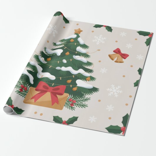 Schattigee kerstboom en klokken cadeaupapier (Uitgerold)