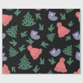 Schattigee kerstboom, kousen, rode Petten op zwart Cadeaupapier (Vlak)