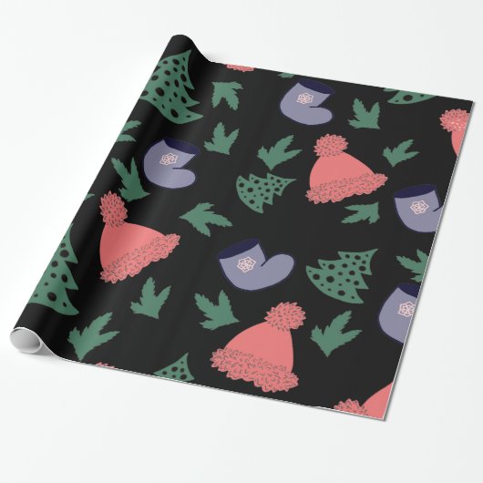Schattigee kerstboom, kousen, rode Petten op zwart Cadeaupapier (Uitgerold)