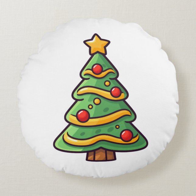 Schattigee kerstboom met Ornamenten Rond Kussen (Voorkant)