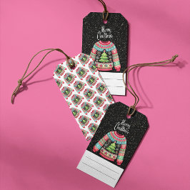 Schattigee kerstboom op lelijke kersttrui cadeaulabel