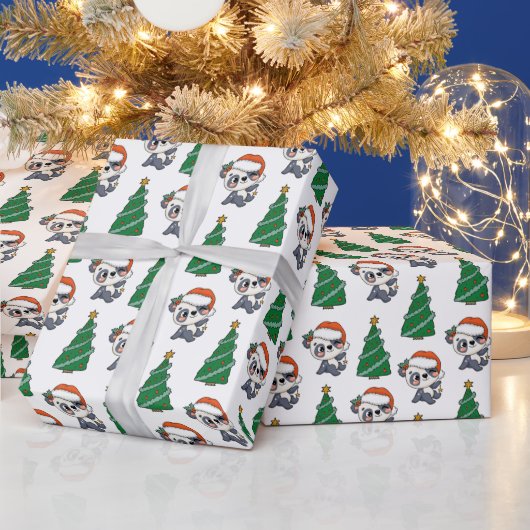 Schattigee kerstboom panda rode kerstmuts cadeaupapier (Feestdagen)