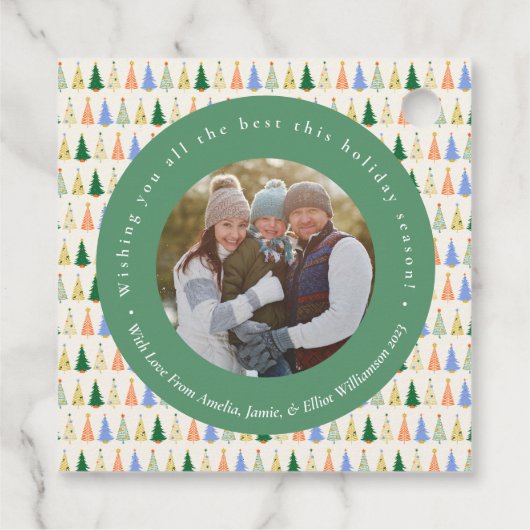 Schattigee kerstboom rode groene familie aangepast bedankjes labels (Achterkant)