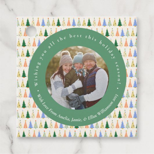 Schattigee kerstboom rode groene familie aangepast bedankjes labels (Voorkant)