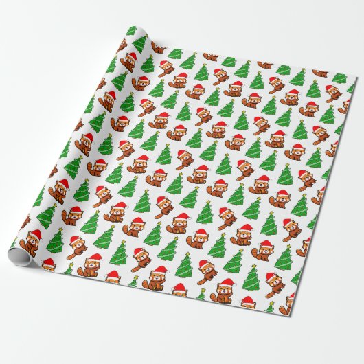 Schattigee kerstboom rode panda kerstmuts cadeaupapier (Uitgerold)