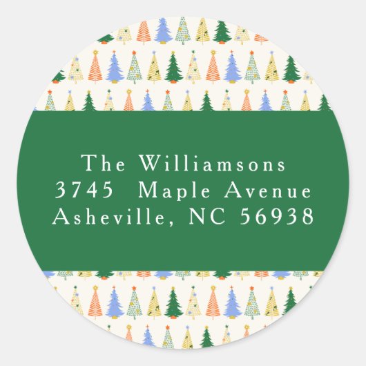 Schattigee kerstboom rood groen retouradres ronde sticker (Voorkant)