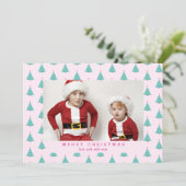 Schattigee kerstboom roze en turquoise foto feestdagenkaart (Staand voorkant)