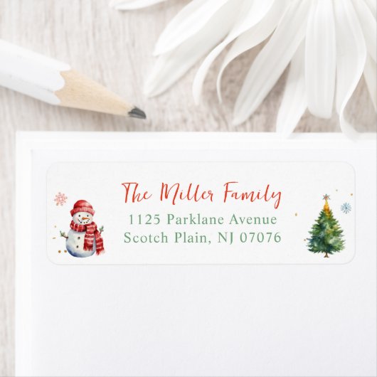 Schattigee Kerstboom Sneeuwman Familie Retouradres Etiket (Insitu)