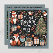 Schattigee kerstbos roodborstjes en vossen feestdagenkaart (Voorkant / Achterkant)