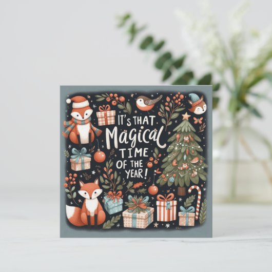 Schattigee kerstbos roodborstjes en vossen feestdagenkaart (Staand voorkant)