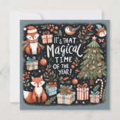 Schattigee kerstbos roodborstjes en vossen feestdagenkaart (Voorkant)