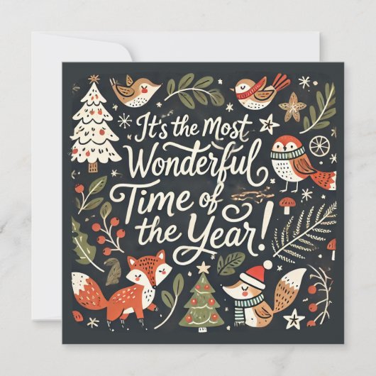 Schattigee kerstbos roodborstjes en vossen feestdagenkaart (Voorkant)