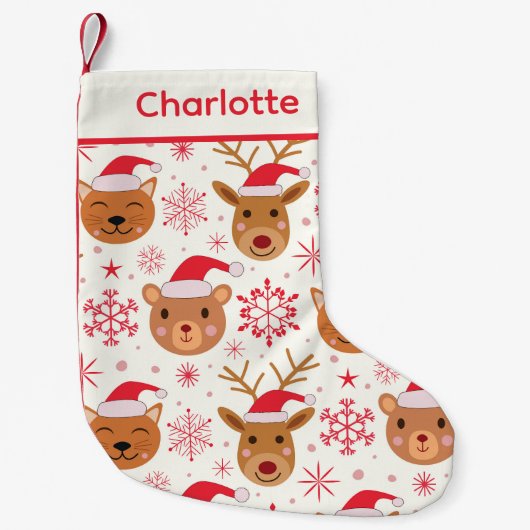 Schattigee Kerstdieren Kat, beer en rendier Kleine Kerstsok (Voorkant)