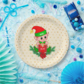 Schattigee kerstelf & gouden sterren op licht beig papieren bordje (Feest)