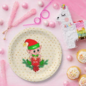 Schattigee kerstelf & gouden sterren op licht beig papieren bordje (Feest)