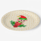 Schattigee kerstelf & gouden sterren op licht beig papieren bordje (Gekanteld)