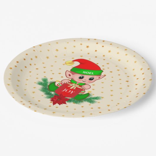 Schattigee kerstelf & gouden sterren op licht beig papieren bordje (Gekanteld)