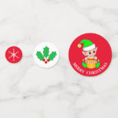 Schattigee kerstelf op groene en rode tafel Confet Confetti (Voorkanten)