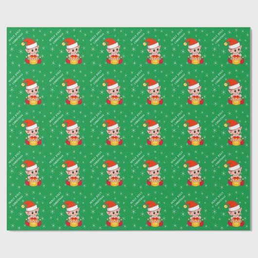 Schattigee kerstelf & sneeuwvlokken op groen cadeaupapier (Vlak)