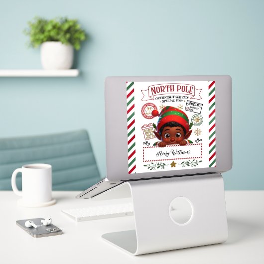 Schattigee Kerstelf speciale levering van Santa Sticker (Laptop op bureau)