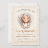 Schattigee kerstengel 1e verjaardagsuitnodiging kaart (Voorkant)