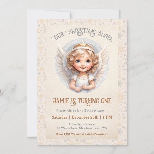 Schattigee kerstengel 1e verjaardagsuitnodiging kaart (Voorkant)