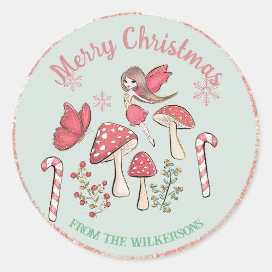 Schattigee kerstfee en paddenstoelen ronde sticker (Voorkant)