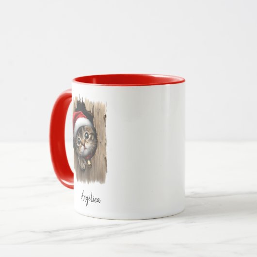 Schattigee kerstglurende kat met kerstmuts op maat mok (Voorkant links)