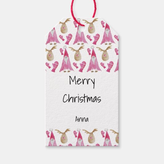 Schattigee kerstgnoom en rendieren met handschoene cadeaulabel (Voorkant)