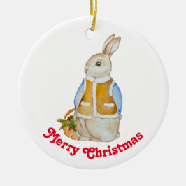 Schattigee kersthaas met een mand met sparrenzemel keramisch ornament