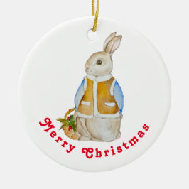 Schattigee kersthaas met een mand met sparrenzemel keramisch ornament