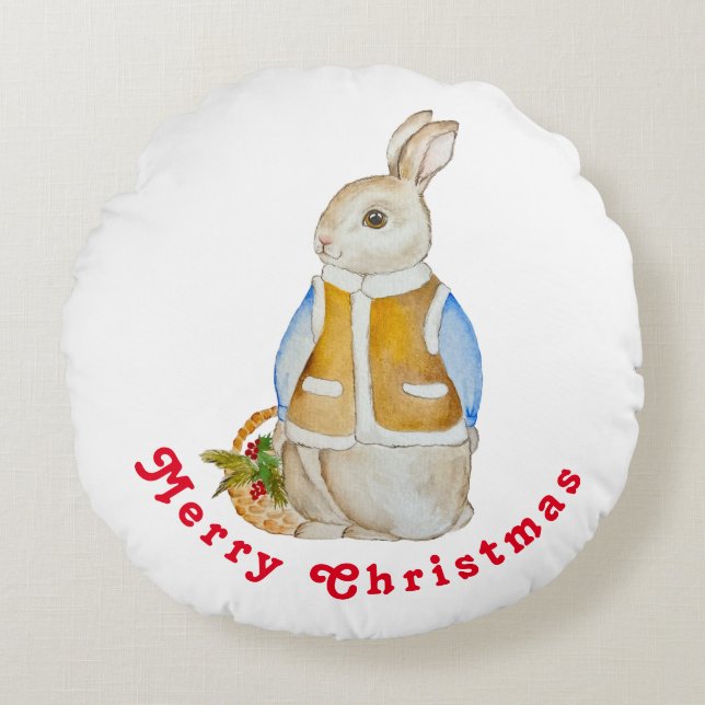 Schattigee kersthaas met een mand met sparrenzemel rond kussen (Voorkant)