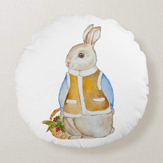 Schattigee kersthaas met een mand met sparrenzemel rond kussen (Voorkant)