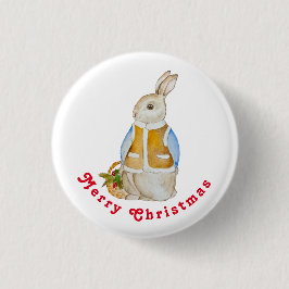 Schattigee kersthaas met een mand met sparrenzemel ronde button 3,2 cm